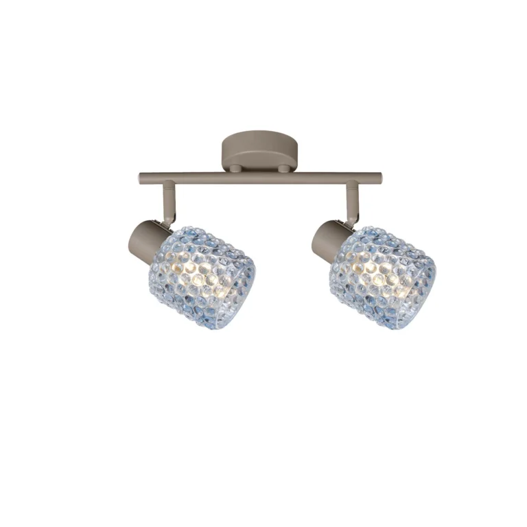 DEW 2 G9 Ceiling Spot Light BEI in beige with blue hobnail glass shade, 2 heads, lit
