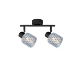 DEW 2 G9 Ceiling Spot Light BK in sand black with blue hobnail glass shade, 2 heads, lit