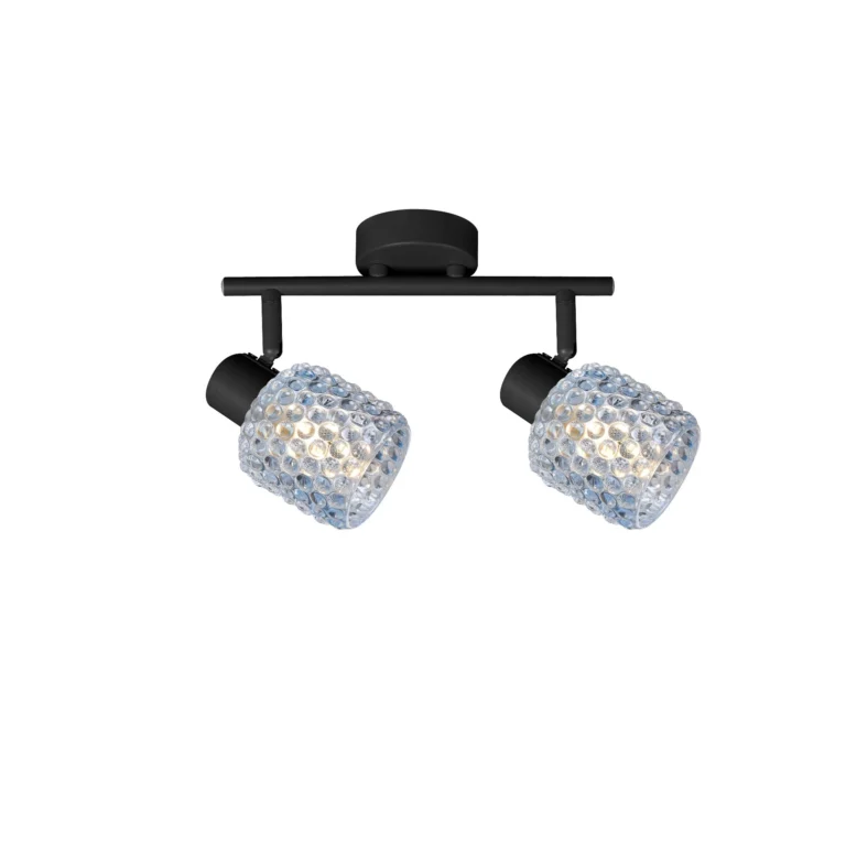DEW 2 G9 Ceiling Spot Light BK in sand black with blue hobnail glass shade, 2 heads, lit