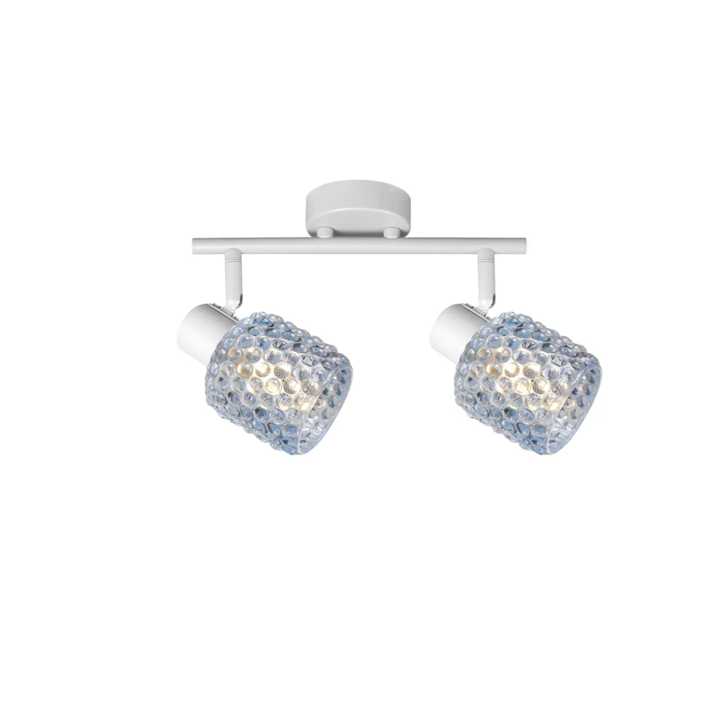 DEW 2 G9 Ceiling Spot Light WH in sand white with blue hobnail glass shade, 2 heads, lit