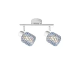 DEW 2 G9 Ceiling Spot Light WH in sand white with blue hobnail glass shade, 2 heads, lit