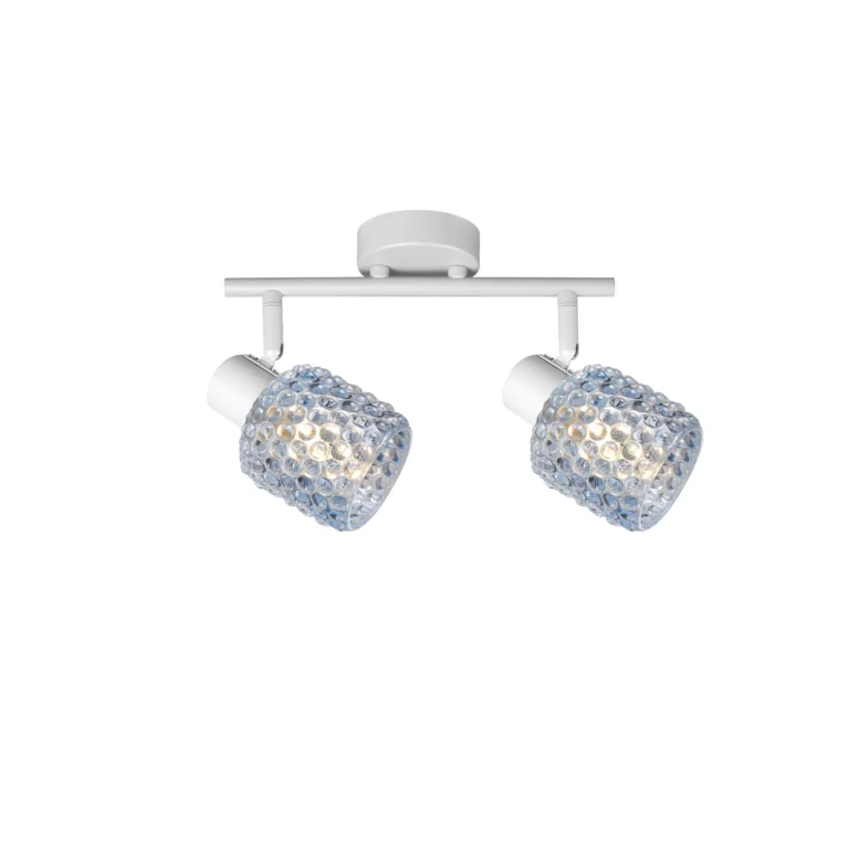 DEW 2 G9 Ceiling Spot Light WH in sand white with blue hobnail glass shade, 2 heads, lit