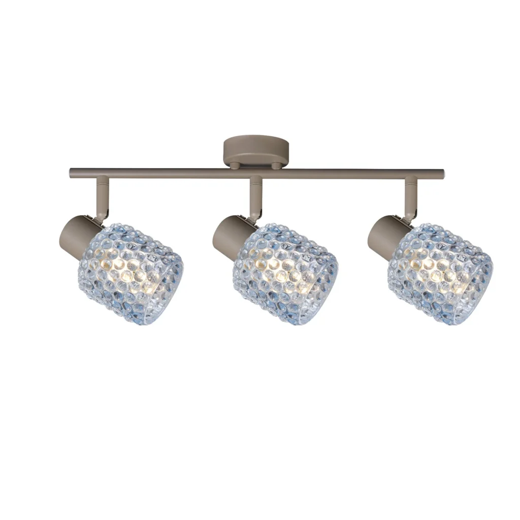 DEW 3 G9 Ceiling Spot Light BEI in beige with blue hobnail glass shade, 3 heads, lit