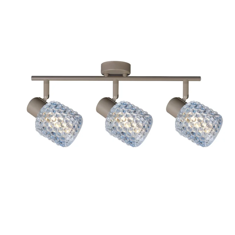 DEW 3 G9 Ceiling Spot Light BEI in beige with blue hobnail glass shade, 3 heads, lit