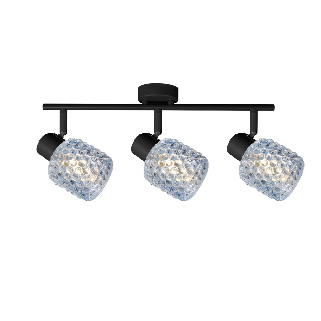 DEW 3 G9 Ceiling Spot Light BK in sand black with blue hobnail glass shade, 3 heads, lit