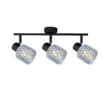 DEW 3 G9 Ceiling Spot Light BK in sand black with blue hobnail glass shade, 3 heads, lit