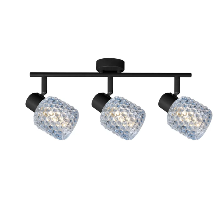 DEW 3 G9 Ceiling Spot Light BK in sand black with blue hobnail glass shade, 3 heads, lit
