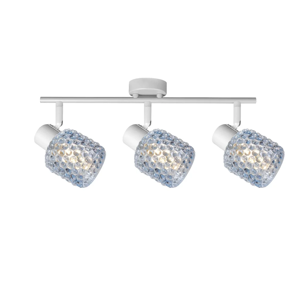 DEW 3 G9 Ceiling Spot Light WH in sand white with blue hobnail glass shade, 3 heads, lit