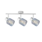 DEW 3 G9 Ceiling Spot Light WH in sand white with blue hobnail glass shade, 3 heads, lit