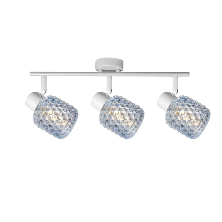 DEW 3 G9 Ceiling Spot Light WH in sand white with blue hobnail glass shade, 3 heads, lit