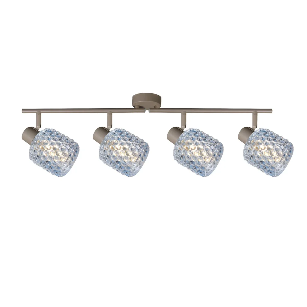 DEW 4 G9 Ceiling Spot Light BEI in beige with blue hobnail glass shade, 4 heads, lit