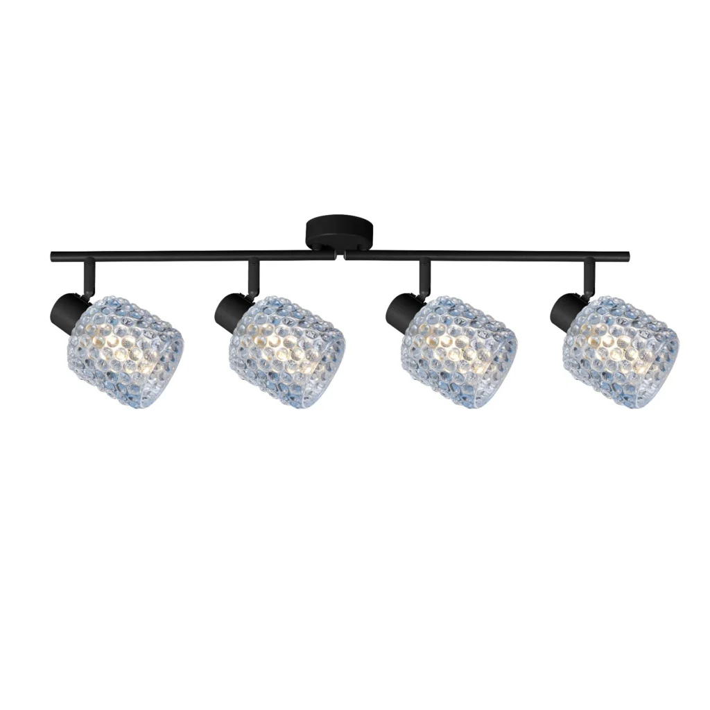 DEW 4 G9 Ceiling Spot Light BK in sand black with blue hobnail glass shade, 4 heads, lit