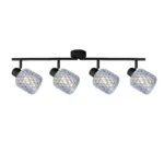 DEW 4 G9 Ceiling Spot Light BK in sand black with blue hobnail glass shade, 4 heads, lit