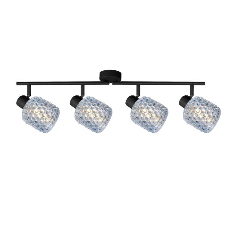 DEW 4 G9 Ceiling Spot Light BK in sand black with blue hobnail glass shade, 4 heads, lit