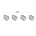 DEW 4 G9 Ceiling Spot Light WH in sand white with blue hobnail glass shade, 4 heads, lit