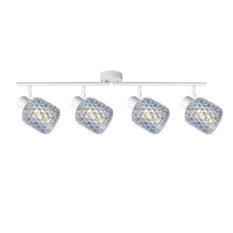 DEW 4 G9 Ceiling Spot Light WH in sand white with blue hobnail glass shade, 4 heads, lit