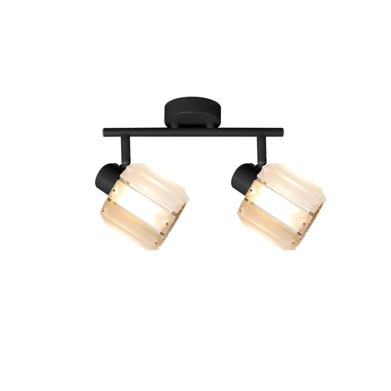 FACET 2 E14 ceiling spot light in sand black with faceted crystal shade, 2 heads, lit