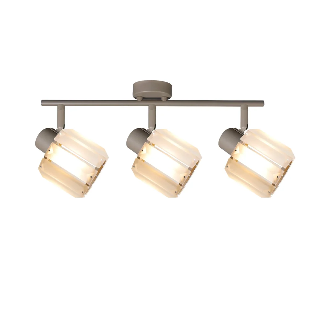 FACET 3 E14 ceiling spot light in beige with faceted crystal shade, 3 heads, lit