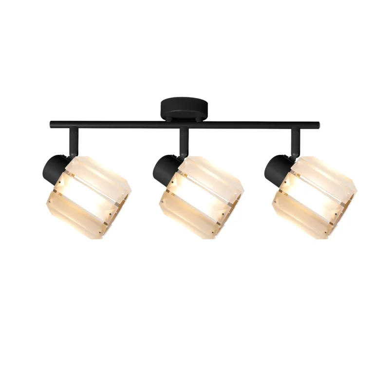 FACET 3 E14 ceiling spot light in sand black with faceted crystal shade, 3 heads, lit