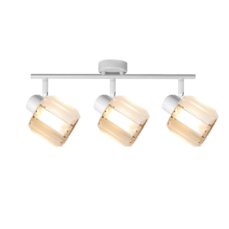FACET 3 E14 ceiling spot light in sand white with faceted crystal shade, 3 heads, lit