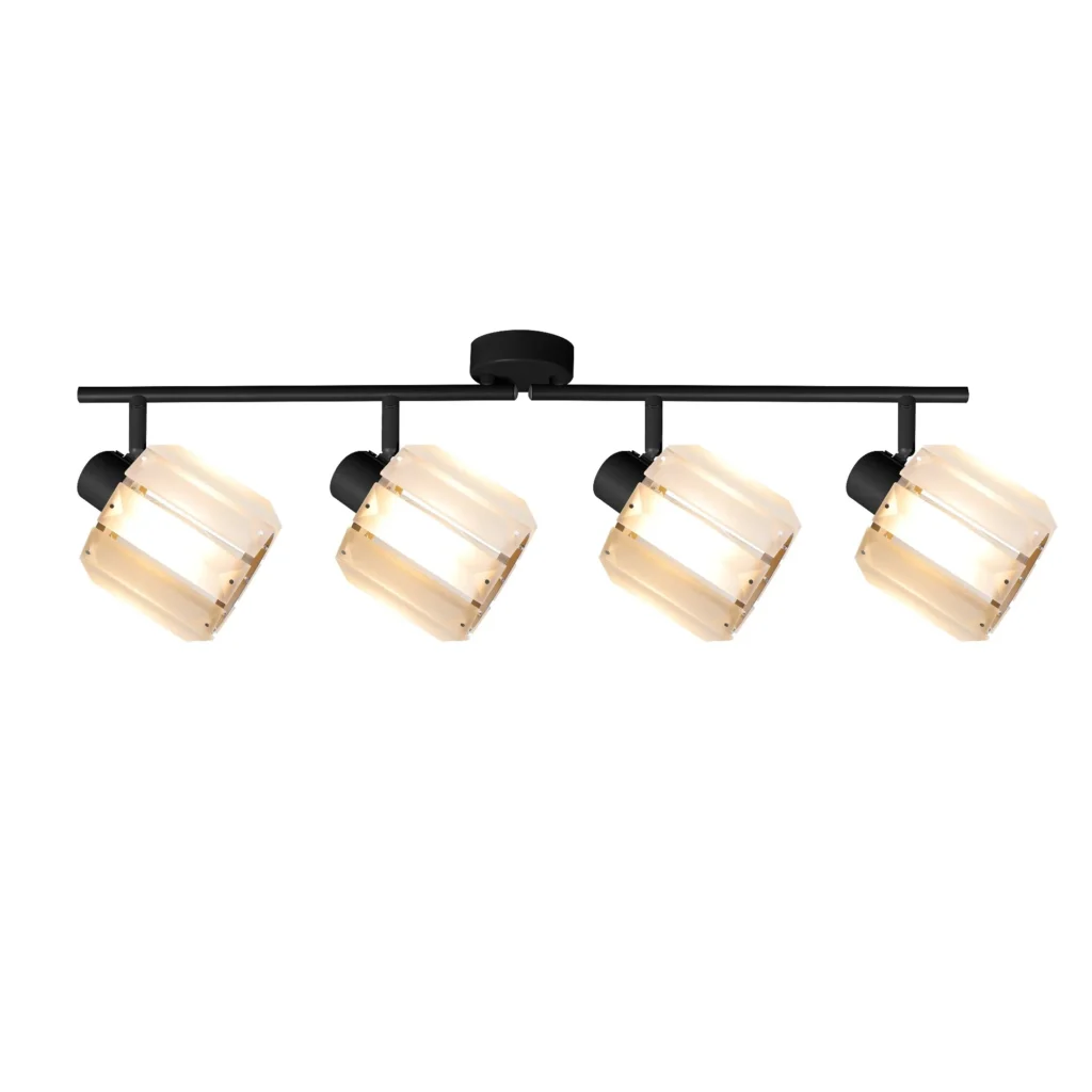 FACET 4 E14 ceiling spot light in sand black with faceted crystal shade, 4 heads, lit