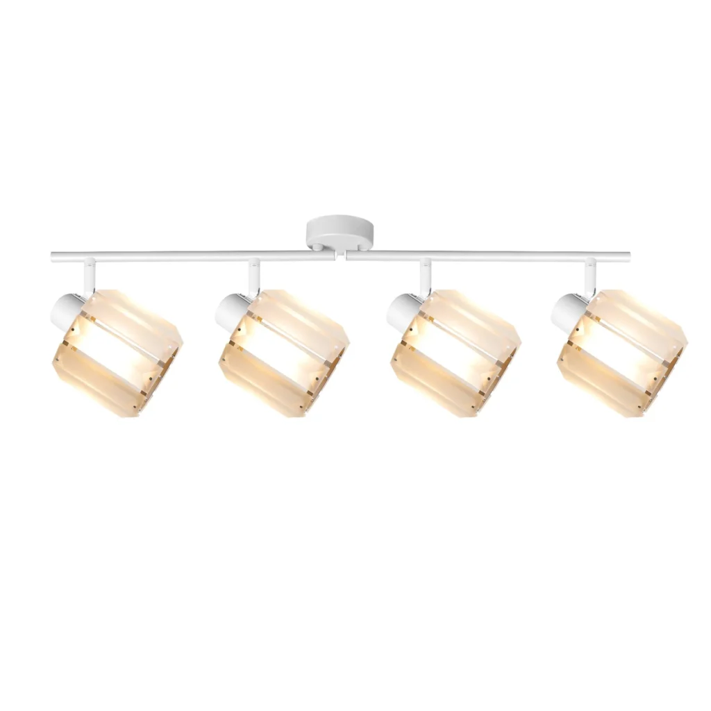 FACET 4 E14 ceiling spot light in sand white with faceted crystal shade, 4 heads, lit