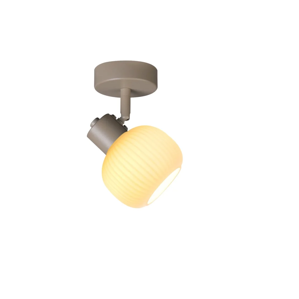 FLUTE 1 E14 ceiling spot light in beige with fluted opal glass shade, 1 head, lit