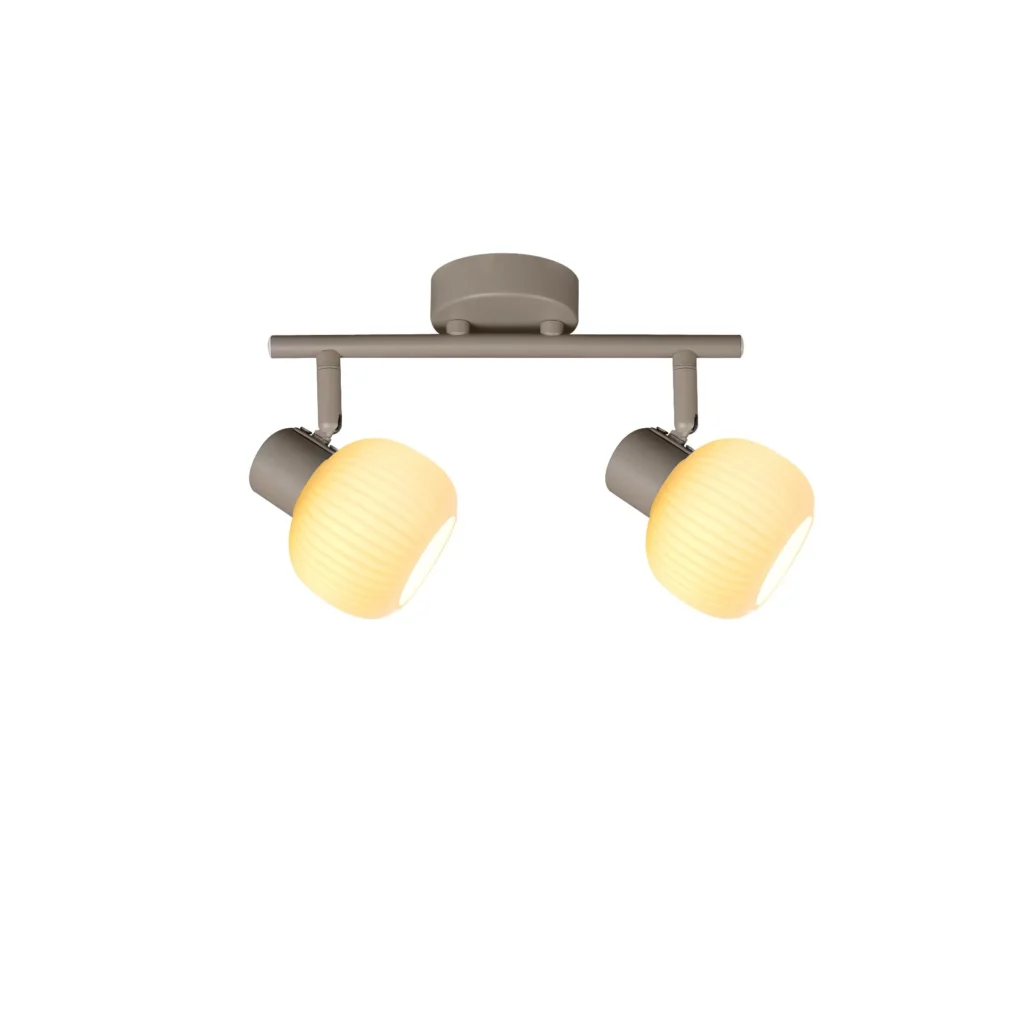 FLUTE 2 E14 ceiling spot light in beige with fluted opal glass shade, 2 heads, lit