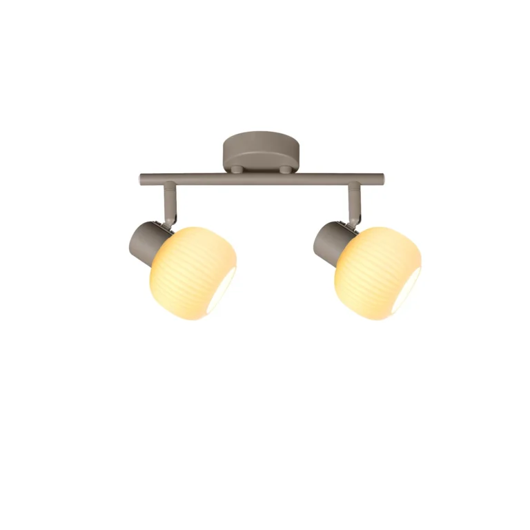 FLUTE 2 E14 ceiling spot light in beige with fluted opal glass shade, 2 heads, lit
