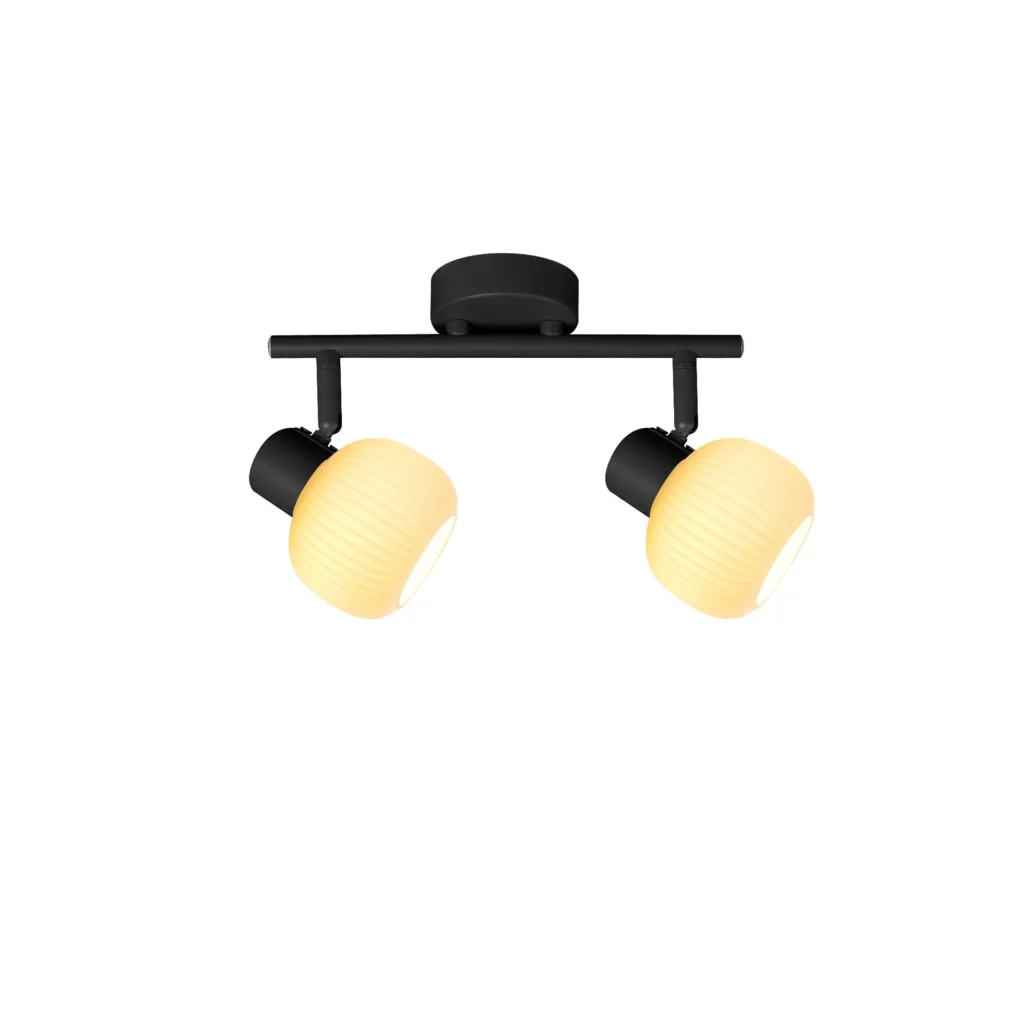 FLUTE 2 E14 ceiling spot light in sand black with fluted opal glass shade, 2 heads, lit