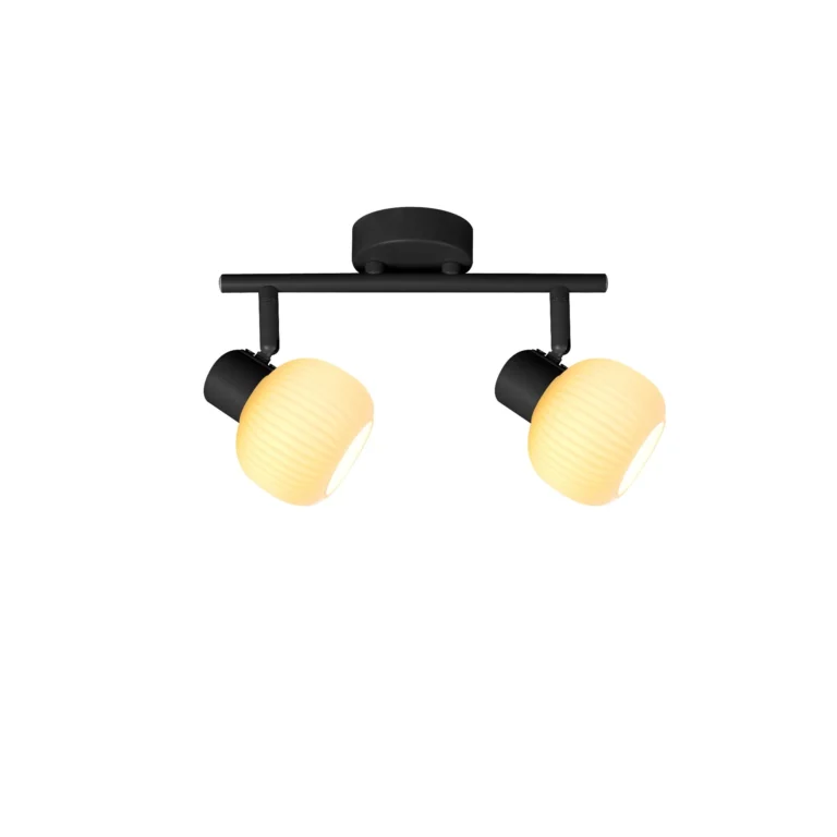 FLUTE 2 E14 ceiling spot light in sand black with fluted opal glass shade, 2 heads, lit