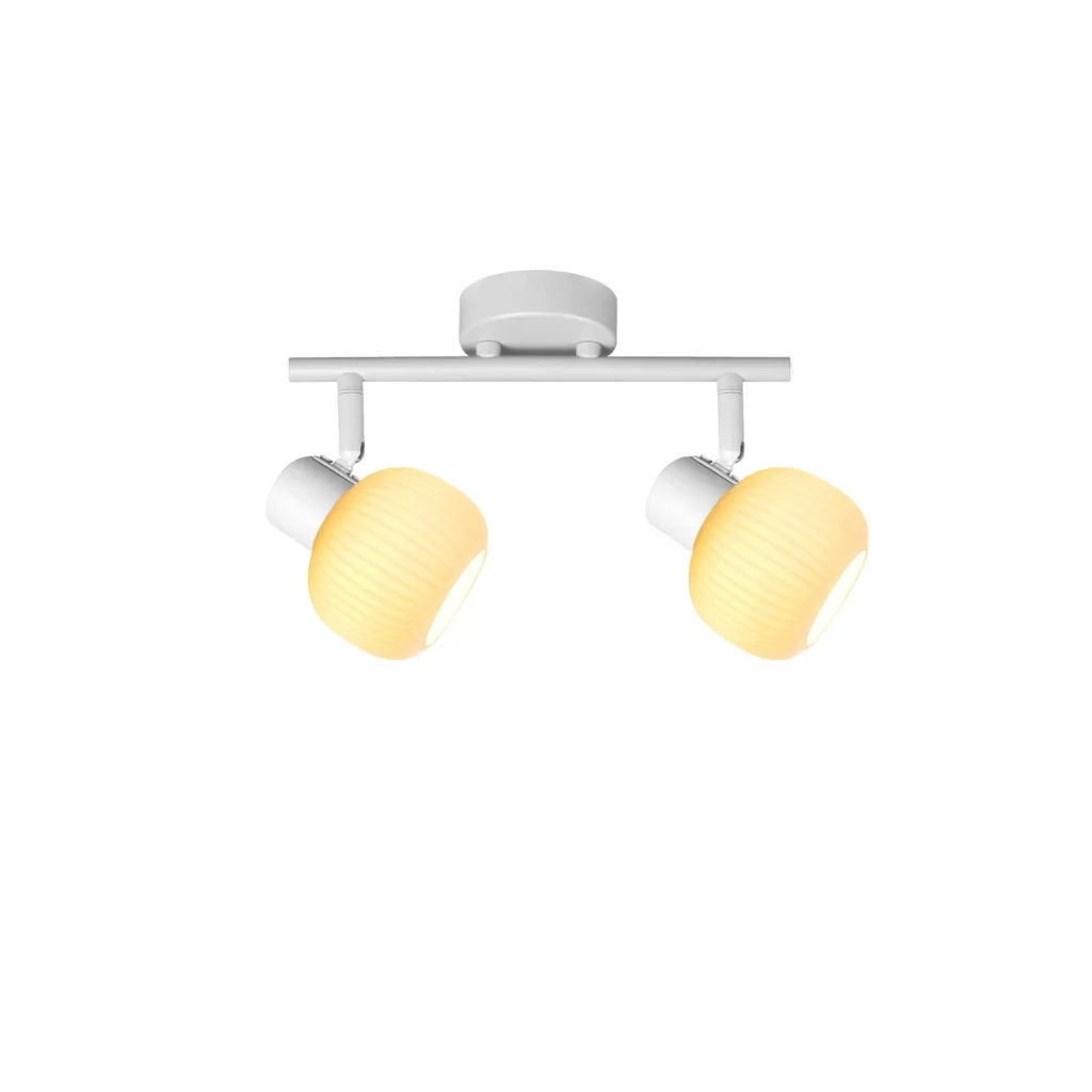 FLUTE 2 E14 ceiling spot light in sand white with fluted opal glass shade, 2 heads, lit