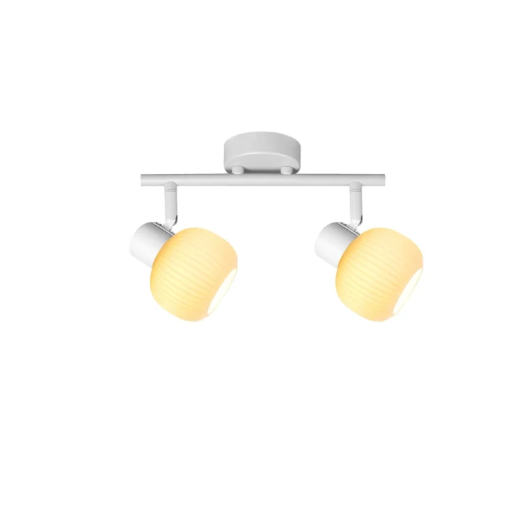 FLUTE 2 E14 ceiling spot light in sand white with fluted opal glass shade, 2 heads, lit