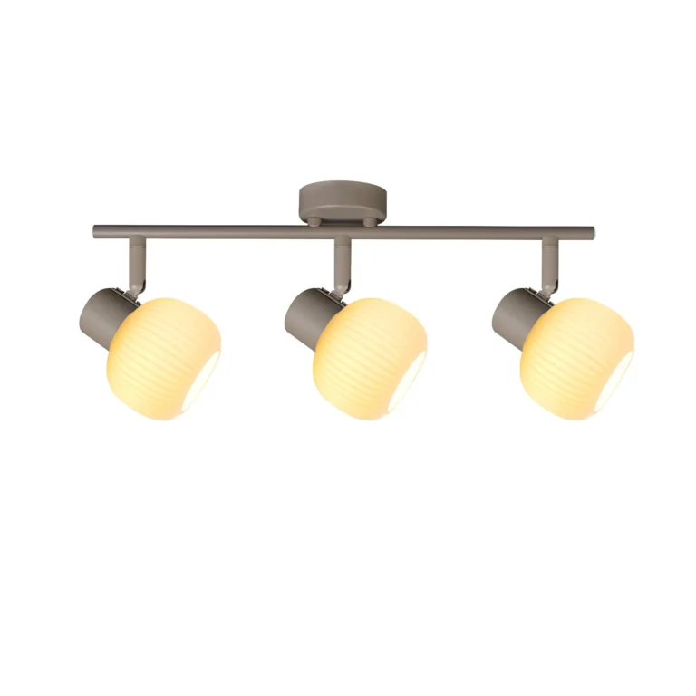 FLUTE 3 E14 ceiling spot light in beige with fluted opal glass shade, 3 heads, lit