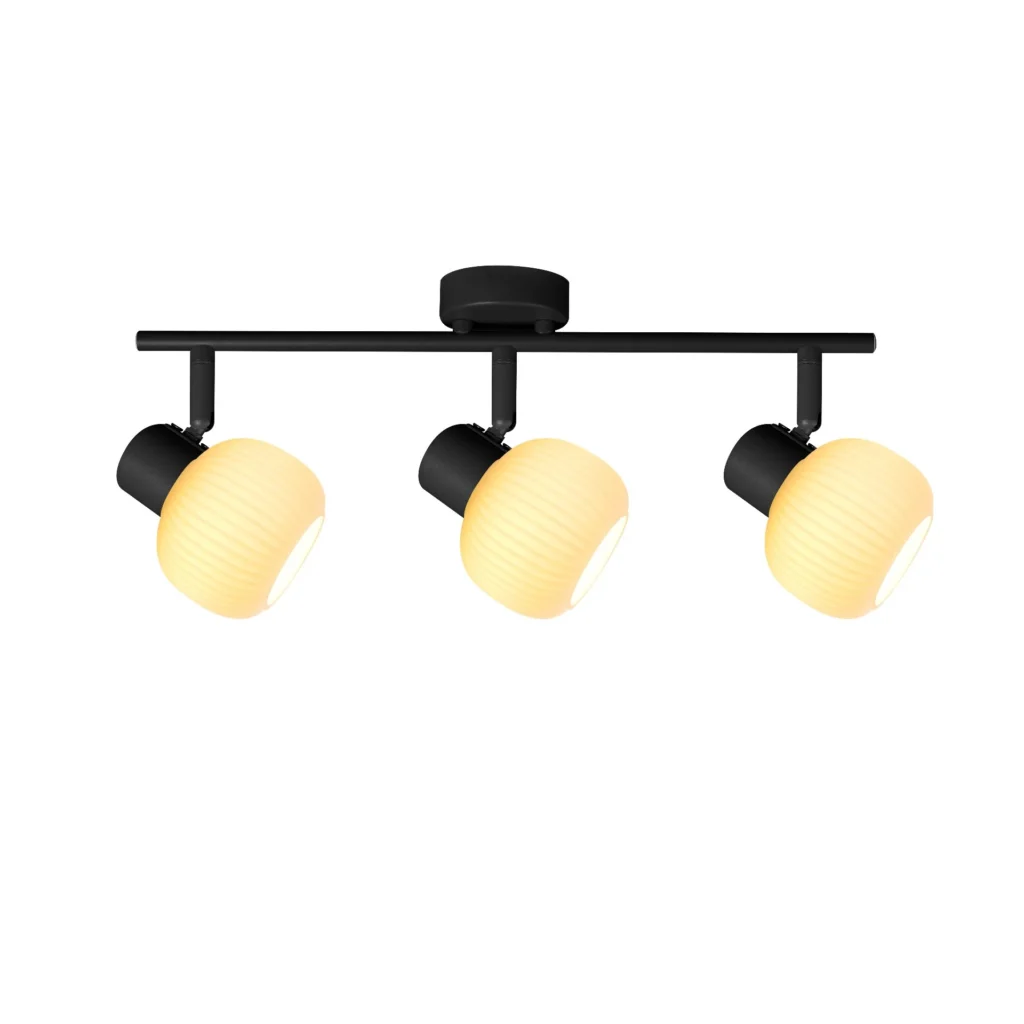 FLUTE 3 E14 ceiling spot light in sand black with fluted opal glass shade, 3 heads, lit