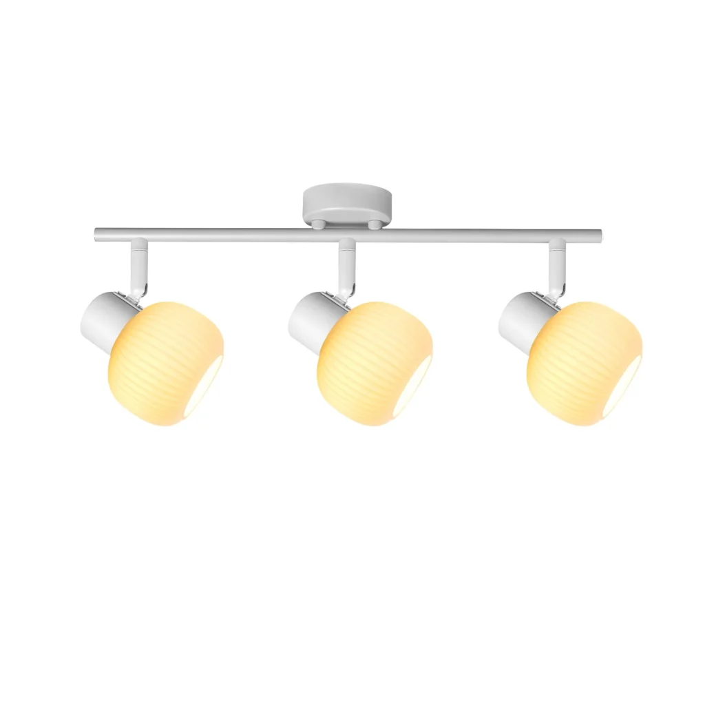 FLUTE 3 E14 ceiling spot light in sand white with fluted opal glass shade, 3 heads, lit