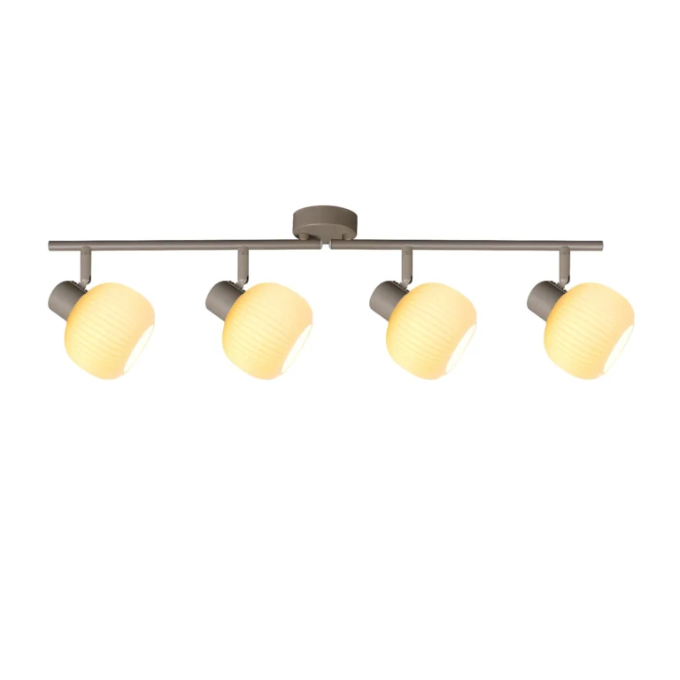 FLUTE 4 E14 ceiling spot light in beige with fluted opal glass shade, 4 heads, lit