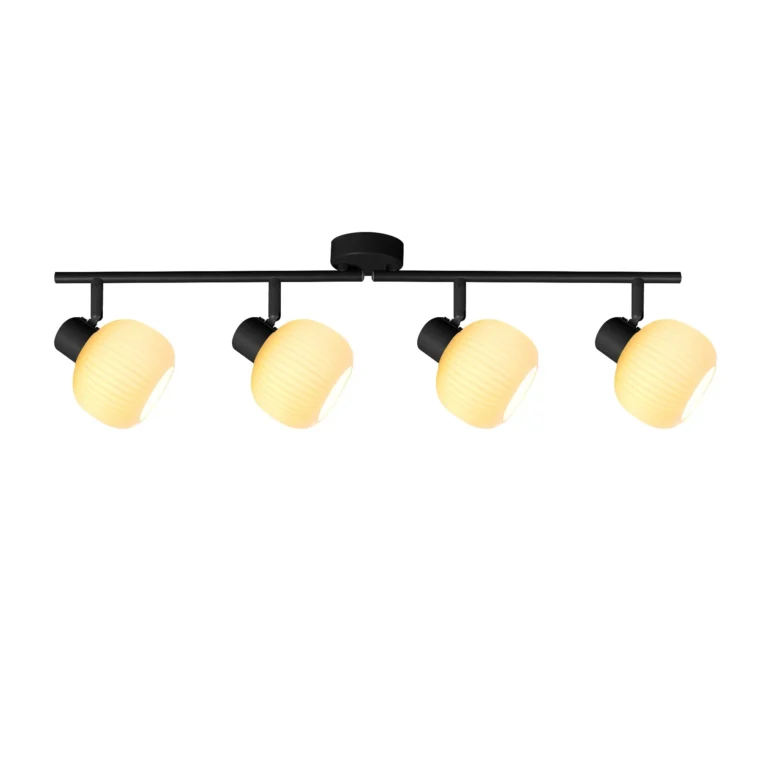 FLUTE 4 E14 ceiling spot light in sand black with fluted opal glass shade, 4 heads, lit