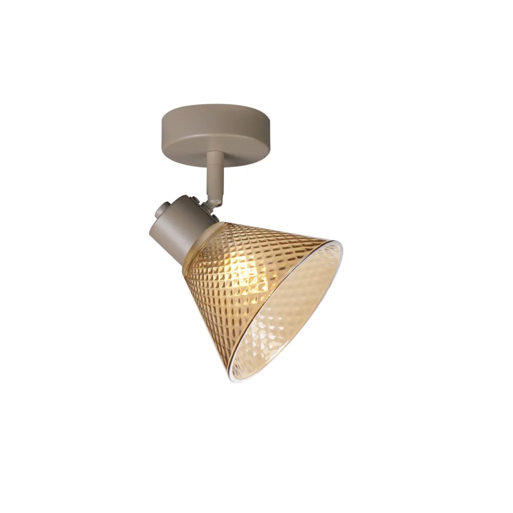 GEMMA 1 G9 ceiling spot light in beige with amber hobnail glass shade, 1 head, lit