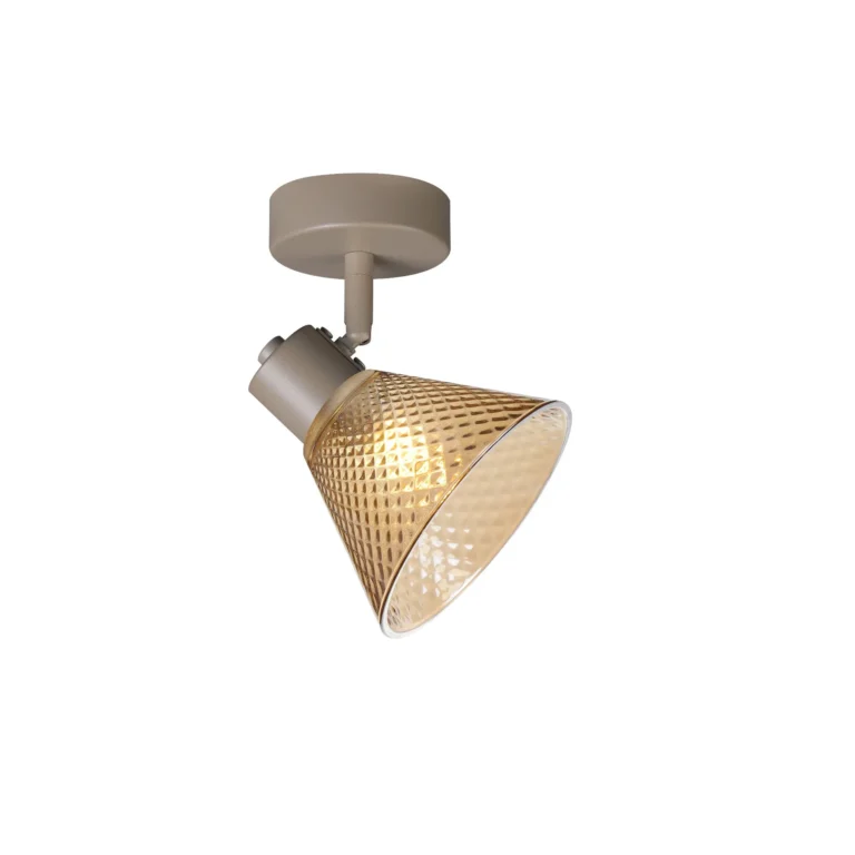 GEMMA 1 G9 ceiling spot light in beige with amber hobnail glass shade, 1 head, lit