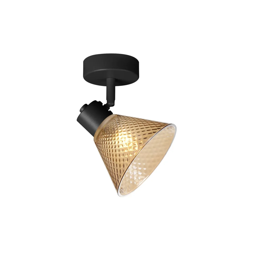 GEMMA 1 G9 ceiling spot light in sand black with amber hobnail glass shade, 1 head, lit