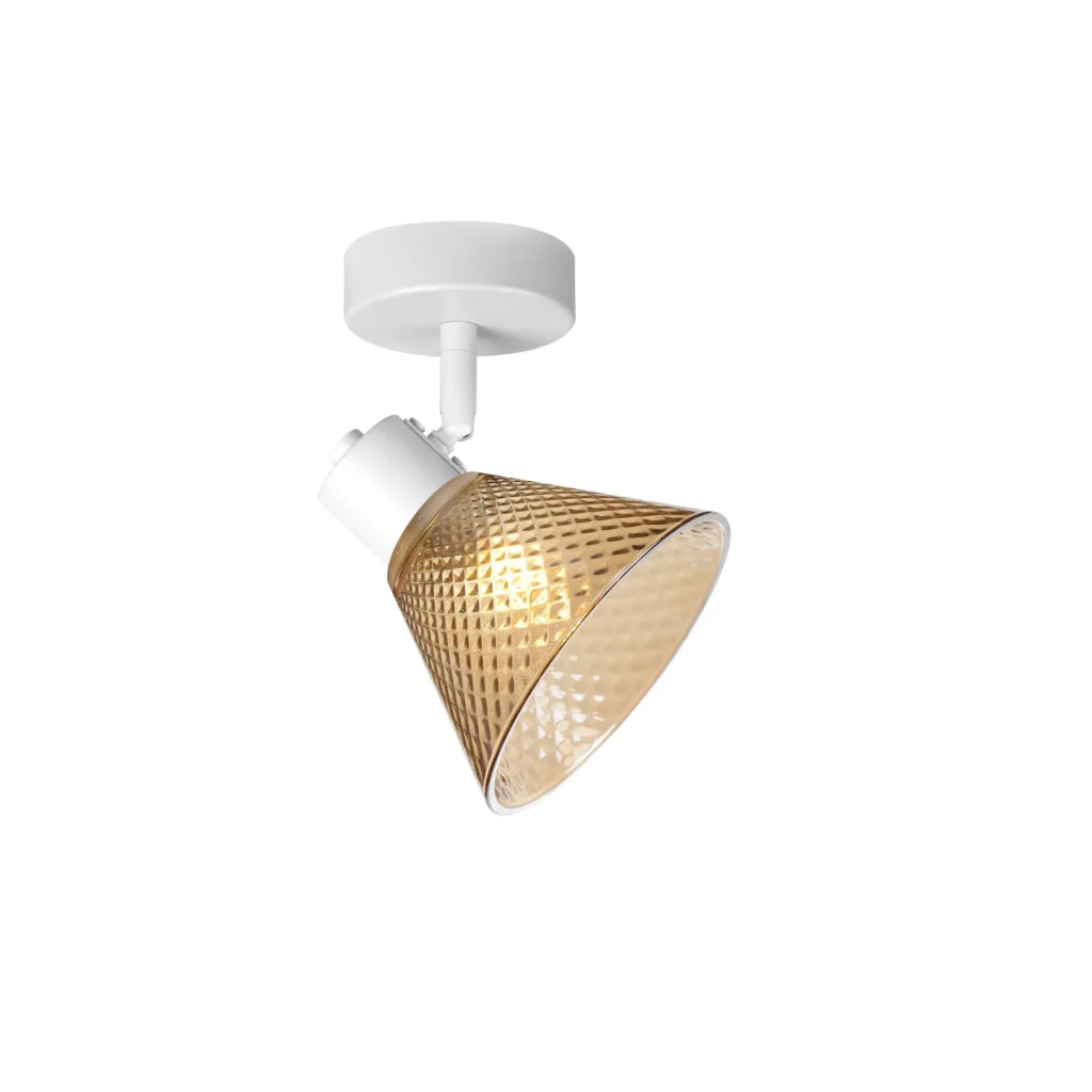 GEMMA 1 G9 ceiling spot light in sand white with amber hobnail glass shade, 1 head, lit