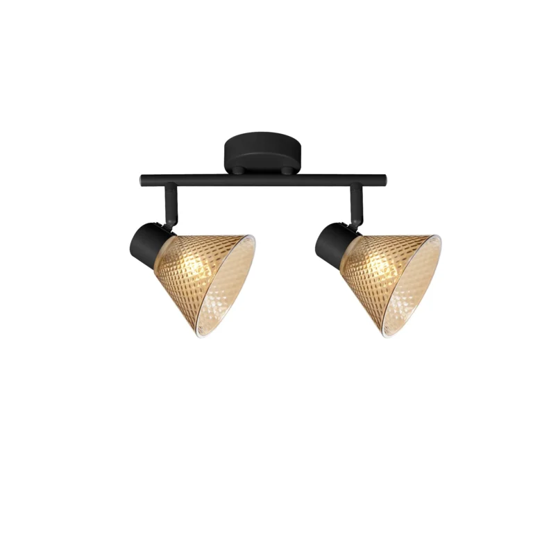 GEMMA 2 G9 ceiling spot light in sand black with amber hobnail glass shade, 2 heads, lit