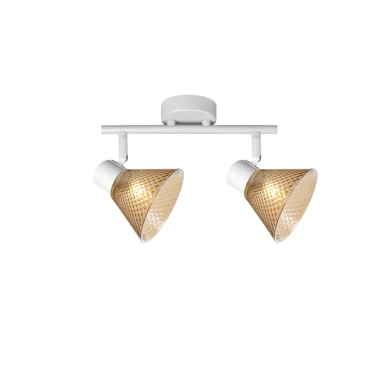 GEMMA 2 G9 ceiling spot light in sand white with amber hobnail glass shade, 2 heads, lit