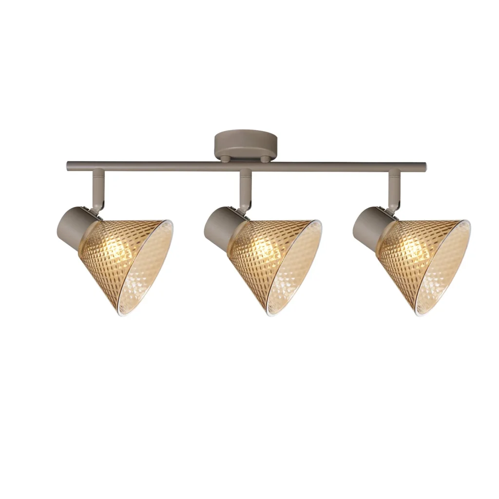 GEMMA 3 G9 ceiling spot light in beige with amber hobnail glass shade, 3 heads, lit