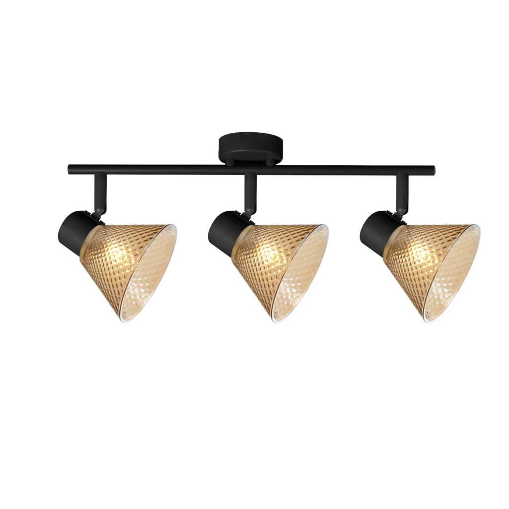 GEMMA 3 G9 ceiling spot light in sand black with amber hobnail glass shade, 3 heads, lit