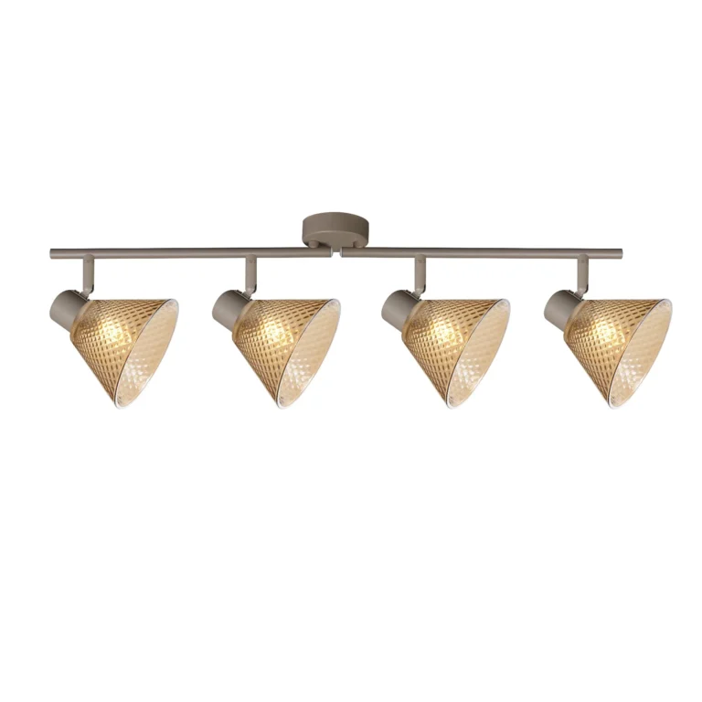 GEMMA 4 G9 ceiling spot light in beige with amber hobnail glass shade, 4 heads, lit