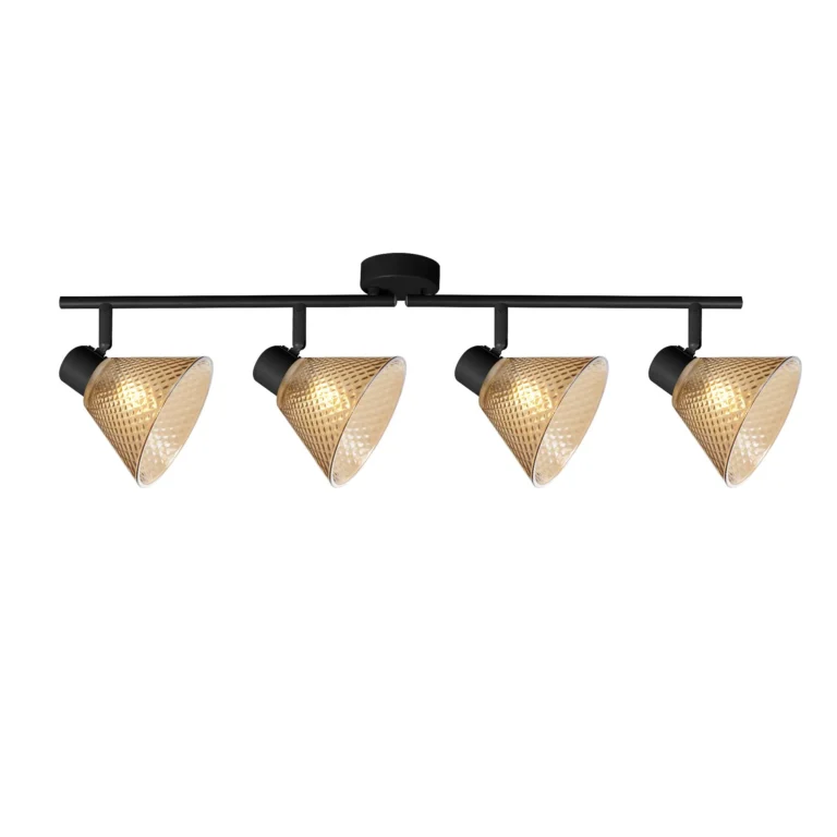 GEMMA 4 G9 ceiling spot light in sand black with amber hobnail glass shade, 4 heads, lit