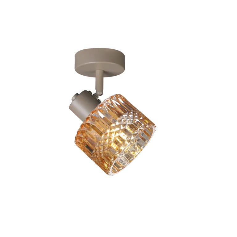 GLINT 1 G9 Ceiling Spot Light BEI in beige with amber square-cut glass shade, 1 head, lit