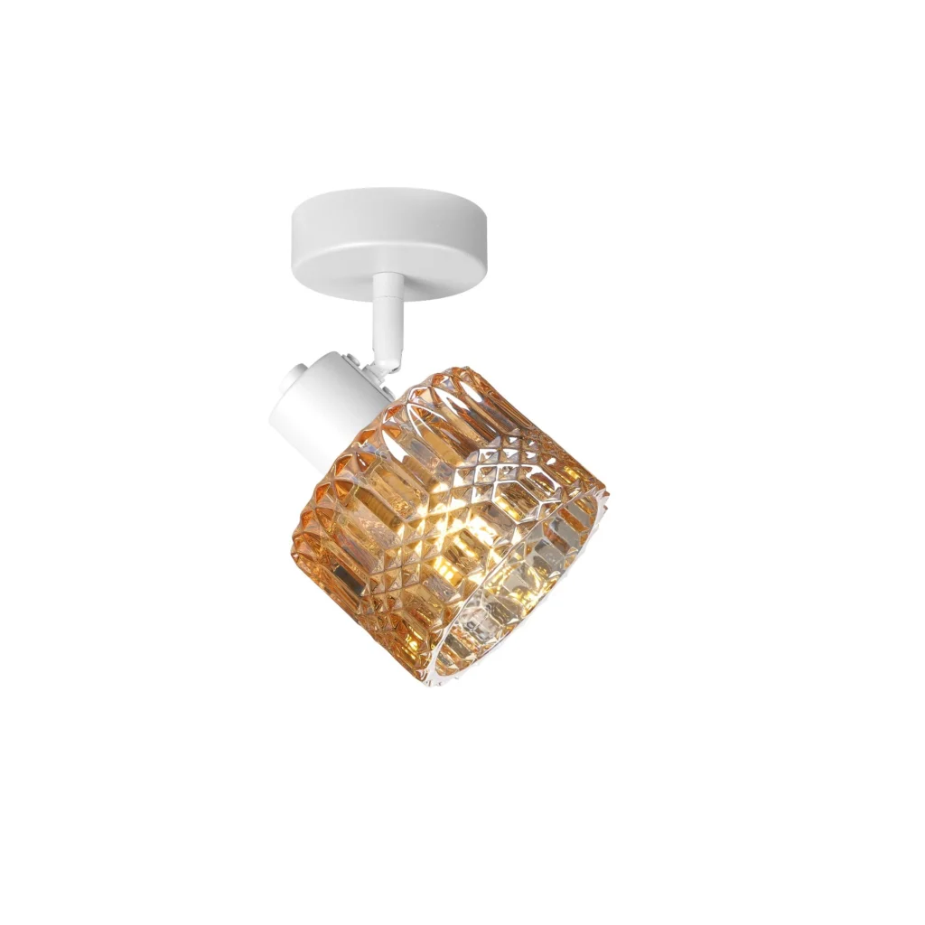 GLINT 1 G9 Ceiling Spot Light WH in sand white with amber square-cut glass shade, 1 head, lit